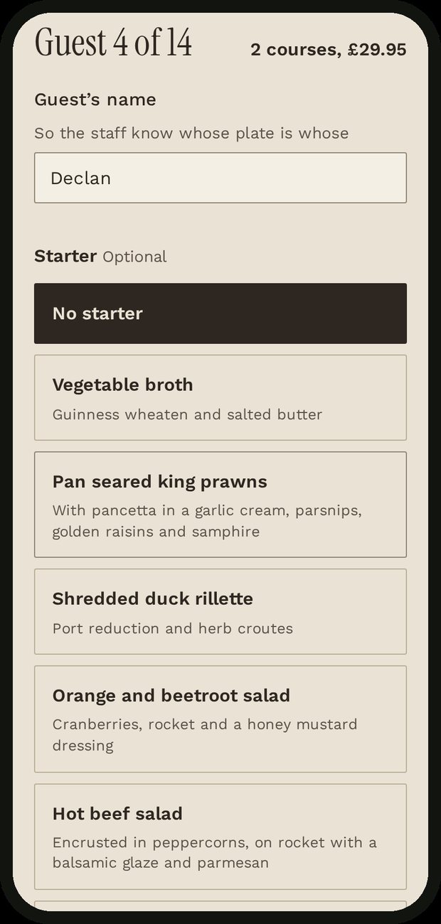 Group preorder screen on a phone